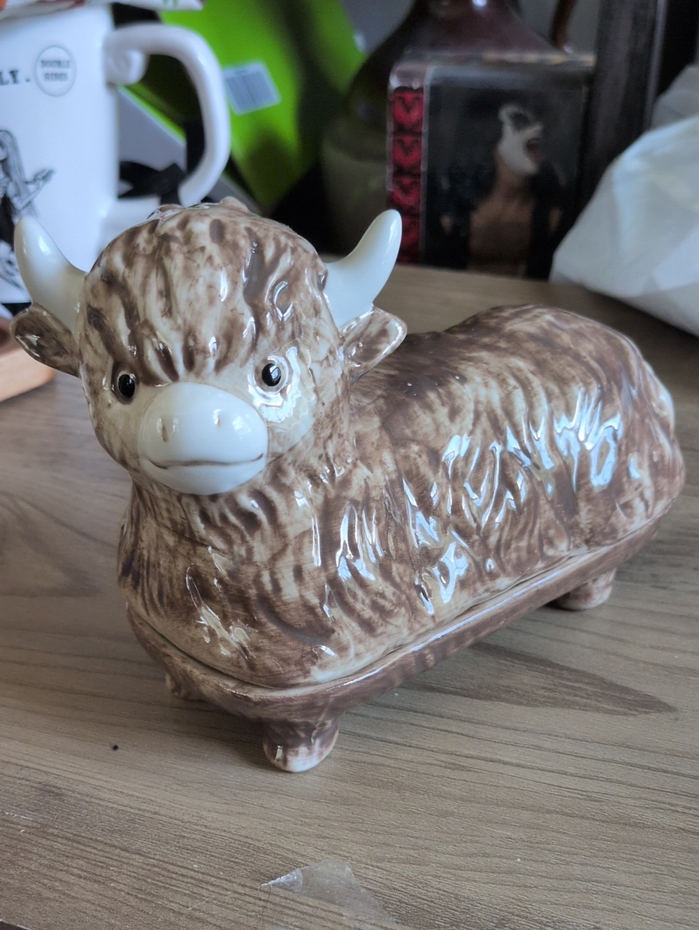 Brown Ceramic Highland Cow Butter Dish New